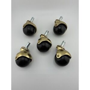 Lot of 5 Ball Caster Stem Mount Black Ball w/ Brass-Tone Housing